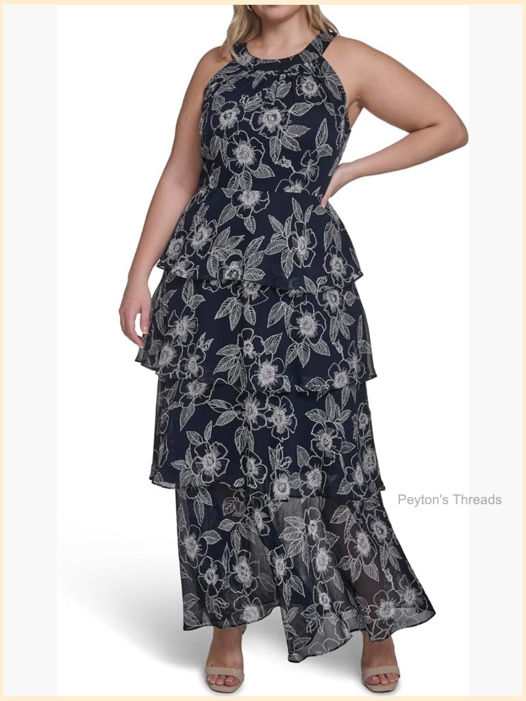 Sleeveless Halter Neck Tiered Maxi Dress Floral Plus Size